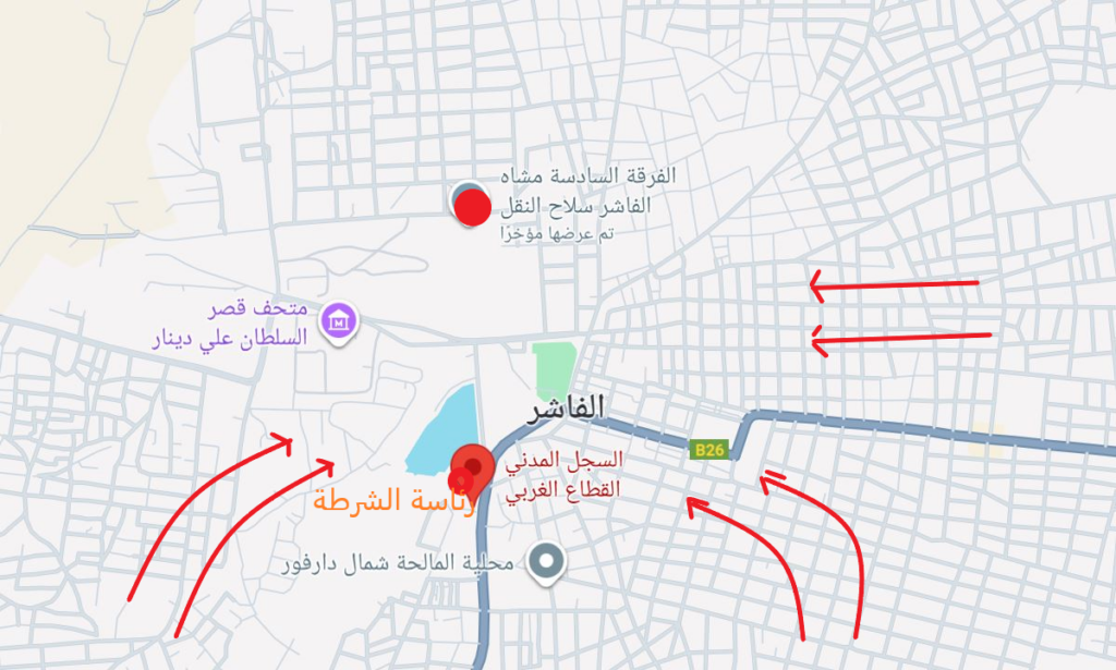 خريطة توضح الهجوم الذي جرى في الفاشر أمس