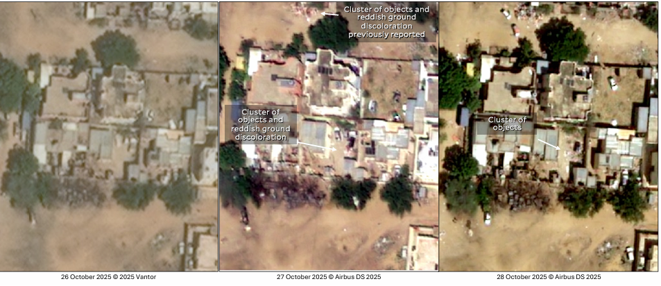 صور الأقمار الصناعية الملتقطة فوق حيّ الدرجة الأولى بتاريخ ٢٧ أكتوبر ٢٠٢٥، تظهر مجموعة من الأجسام فاتحة اللون، وهي غير مرئية في الصور السابقة الملتقطة بتاريخ ٢٦ أكتوبر ٢٠٢٥. ويبدو أن هذه المجموعة قد تغيرت في مظهرها في الصور الملتقطة بتاريخ ٢٨ أكتوبر ٢٠٢٥.