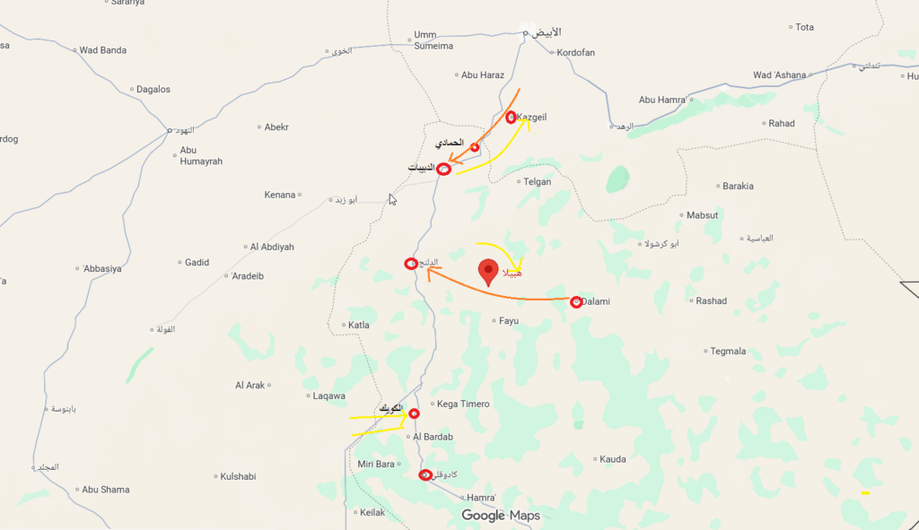 حريطة توضح مناطق المعارك بين القوات المسلحة من جهة والدعم السريع والحركة الشعبية -تحرير :راديو دبنقا