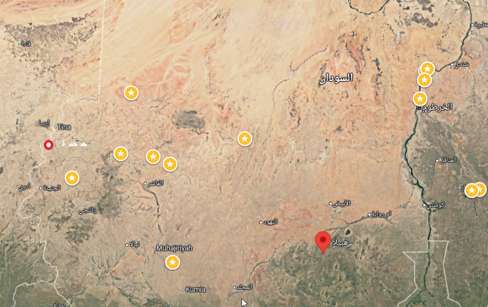 خريطة تظهر موقعي جرجيرة بشمال دارفور وهبيلا بجنوب كردفان -خرائط قوقل