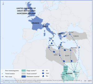 حريطة تظهر كرق وصول السودانيين إلى اوروبا- منظمة الهجرة الدولية