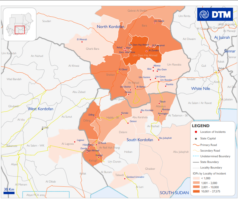 خارطة توضح نزوح 65 الف شخص من كردفان منذ 25 اكتوبر -منظمة الهجرة