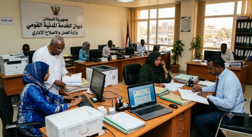 عاملون في الخدمة المدنية بالسودان- صورة جرى توليدها بالذكاء الاصطناعي
