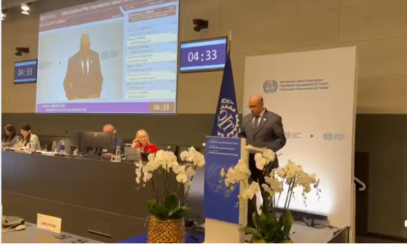 رئيس الاتحاد العام لنقابات عمال السودان، الدكتور سرالختم الأمين عبد القادر، خطابًا أمام المؤتمر السنوي الـ114 لمنظمة العمل الدولية في جنيف،- 4 يونيو 2026- وسائل التواصل